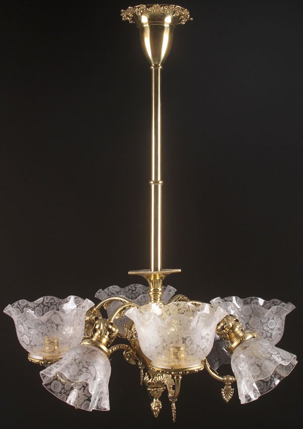 A VICTORIAN COMBINATION GAS AND ELECTRIC HANGING: A VICTORIAN COMBINATION GAS AND ELECTRIC HANGING LAMP, CIRCA 1900. With four gas light fixtures and four electric light fixtures, all with matching etched floral pattern shades. The gas lights convert
