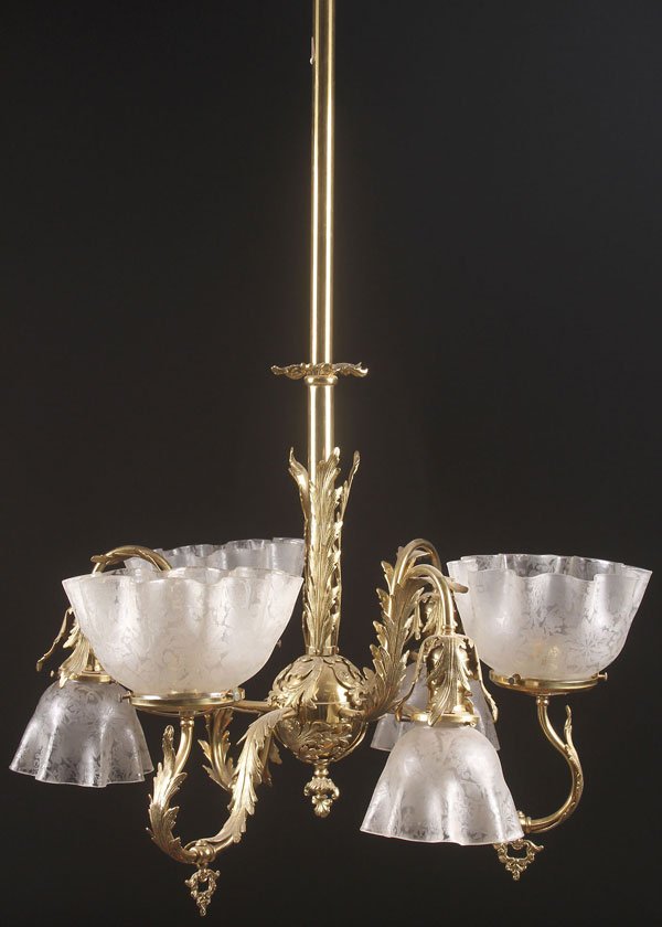 A VICTORIAN COMBINATION GAS AND ELECTRIC HANGING: A VICTORIAN COMBINATION GAS AND ELECTRIC HANGING LAMP, CIRCA 1900. With four gas light fixtures and four electric light fixtures, all with matching etched floral pattern shades. The gas lights convert
