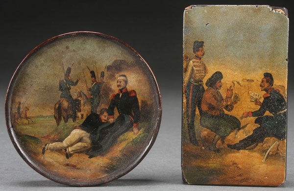 A PAIR OF 19TH CENTURY CONTINENTAL PAPIER-MÂCHÉ: A PAIR OF 19TH CENTURY CONTINENTAL PAPIER-MÂCHÉ LACQUER SNUFF BOXES. Of rectangular and round form. Painted with scene of soldiers playing cards and scene of a wounded soldier with horseman in backg