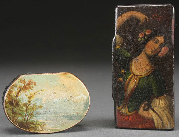 A PAIR OF MID 19TH CENTURY PATCH OR SNUFF BOXES: A PAIR OF MID 19TH CENTURY PATCH OR SNUFF BOXES. In Papier-mâché, one with a painted scene of a young beauty the other with a coastal village scene. The largest 3.5 inches long (9 cm).