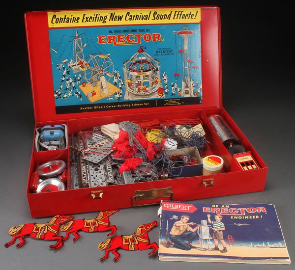 A VERY FINE GILBERT ERECTOR NO. 10083 AMUSEMENT: A VERY FINE GILBERT ERECTOR NO. 10083 AMUSEMENT PARK SET, MID 20TH CENTURY. Appears to be fairly complete in very good to excellent condition. Length 22.25 inches (56.5 cm).