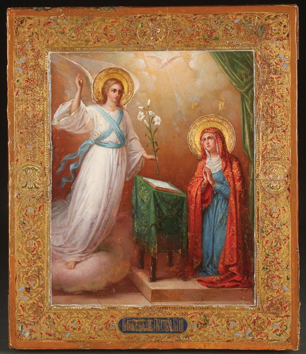 RUSSIAN ICON THE ANNUNCIATION, EPANECHNIKOV WORKSHOP: A RUSSIAN ICON OF THE ANNUNCIATION, WORKSHOP OF YAKOV E. EPANECHNIKOV, MOSCOW, CIRCA 1890. Realistically rendered in oil and in the Western style, the robe of the Virgin with ornately painted faux gil