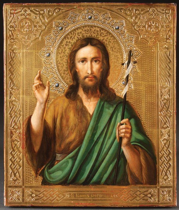 A FINE ART NOUVEAU STYLE RUSSIAN ICON OF SAINT: A FINE ART NOUVEAU STYLE RUSSIAN ICON OF SAINT JOHN THE BAPTIST, CIRCA 1900. Realistically rendered against an ornate incised gilt ground with faux jeweled halo and inscribed on the lower margin withi