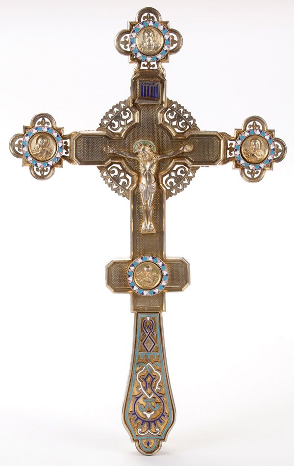 A LARGE AND IMPRESSIVE RUSSIAN SILVER-GILT: A LARGE AND IMPRESSIVE RUSSIAN SILVER-GILT ENGRAVED AND ENAMELED BLESSING CROSS, MOSCOW, 1908-1917. At center is mounted a sculpted figure of the crucified Christ and champlevé enameled halo against
