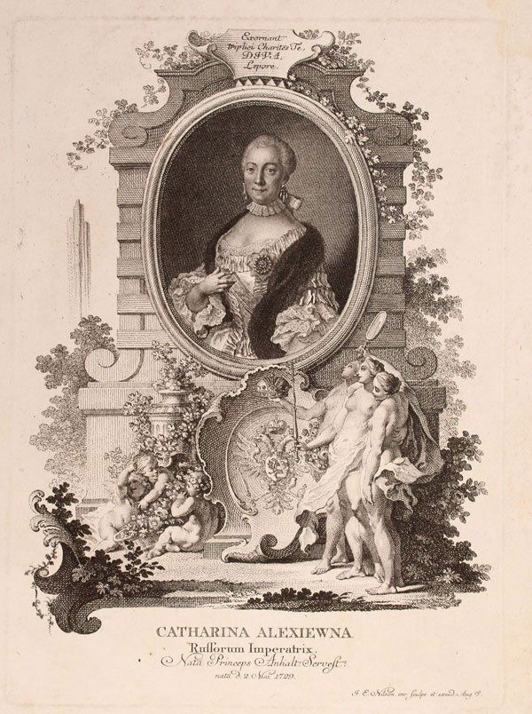 AN 18TH CENTURY ENGRAVING OF THE GRAND DUCHESS: AN 18TH CENTURY ENGRAVING OF THE GRAND DUCHESS CATHERINE ALEXEEVNA—CATHERINE THE GREAT, CIRCA 1750, JOHANN ESAIAS NILSON (GERMAN 1721-1783). Finely engraved on laid paper, a waist up portrait withi