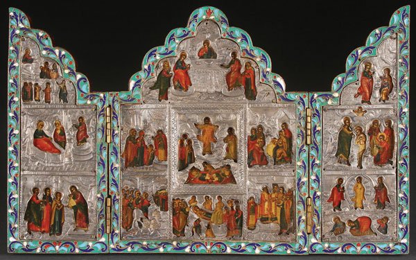 A RUSSIAN ICON TRIPTYCH, ST. PETERSBURG, 1839: A RUSSIAN ICON TRIPTYCH, ST. PETERSBURG, 1839. The central ogee arched shaped panel finely painted with the resurrected Christ at center, and surrounded by five images representing various Feast Days,