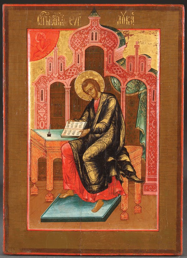 FINE RUSSIAN ICON EVANGELIST ST. LUKE, MOSCOW 1890: A RUSSIAN ICON OF THE EVANGELIST LUKE, MOSCOW WORKSHOP, CIRCA 1890. A finely painted icon of the Apostle and Evangelist Saint Luke who sits in an elaborate interior with a pen and ink well at hand and