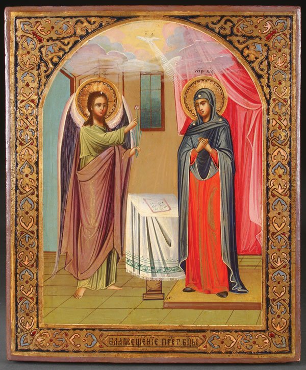 WORKSHOP SIGNED RUSSIAN ICON OF ANNUNCIATION: A RUSSIAN ICON OF THE ANNUNCIATION, D. L. LOGINOV, ST. PETERSBURG, CIRCA 1890. Colorfully painted within an arched reserve, here the Archangel Gabriel (left) announces to the Virgin Mary (right) that 
