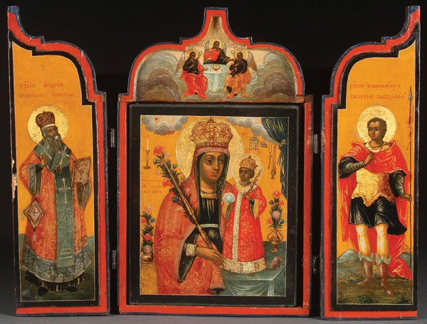 LARGE RUSSIAN ICON TRIPTYCH OF THE VIRGIN 18TH C.: A LARGE RUSSIAN ICON TRIPTYCH OF THE MOTHER OF GOD AND SAINTS, 18TH CENTURY. At center, an image of the Mother of God of the Unfading Flower beneath the Old Testament Trinity painted within an ogee ar