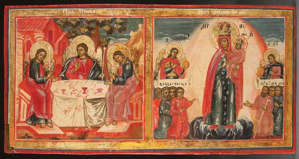 A TWO-PART RUSSIAN ICON, 18TH CENTURY: A TWO-PART RUSSIAN ICON, 18TH CENTURY. Divided into two equal sections. On the left, the Old Testament Trinity and on the right, the Mother of God Joy to All Who Sorrow. 9.6 inches x 19.1 inches (24.5