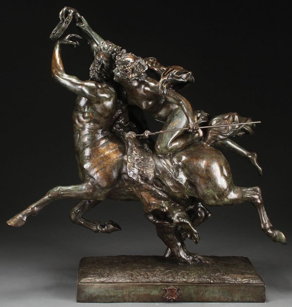 After ARTHUR JACQUES LEDUC(French 1848-1918): After ARTHUR JACQUES LEDUC(French 1848-1918) Nessus and Dieaneira Bronze with dark brown patina Inscribed on base "A.J. LeDuc" Height 32 inches (81.9 cm)