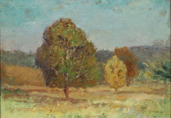 T.C. STEELE INDIANA LANDSCAPE OIL PAINTING: THEODORE CLEMENT STEELE(American 1847-1926)Summer Landscape Oil on canvasFaintly signed lower right and verso with estate stamp signed by Mrs. T.C. Steele, dated August 30, 1929, and numbered 55015 in