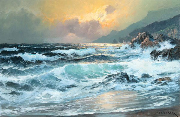 ALEXANDER DZIGURSKI(American 1911-1995) Seascape: ALEXANDER DZIGURSKI(American 1911-1995)Seascape at Sunset Oil on canvasSigned lower right24 inches x 36 inches