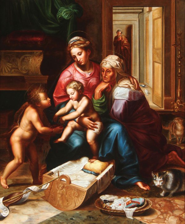 After RAFAELLO RAPHAEL(Italian 1483-1520) Madonna: After RAFAELLO RAPHAEL(Italian 1483-1520) Madonna and Child with St. Anne and Infant John the Baptist Oil on canvas 19.75 inches x 16.75 inches (50.2 x 42.6 cm)