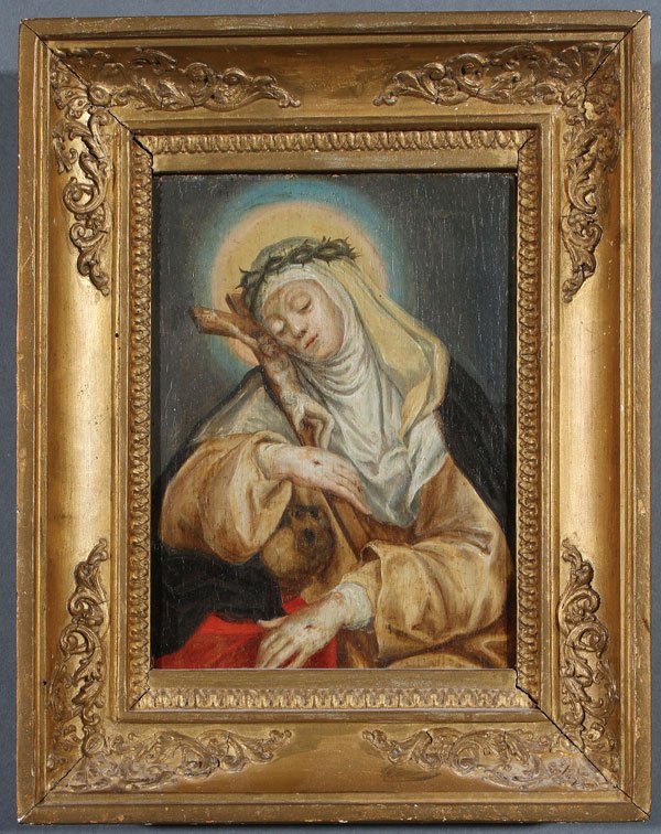 CONTINENTAL SCHOOL(18th century) Saint Catherine: CONTINENTAL SCHOOL(18th century) Saint Catherine of Siena Embracing Crucifix and Skull and Displaying the Stigma Oil on wood panel 7 inches x 5 inches (17.8 x 12.7 cm)