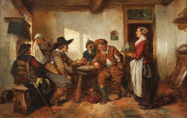 HERMAN FREDERIK CAREL TEN KATE(Dutch 1822-1891): HERMAN FREDERIK CAREL TEN KATE(Dutch 1822-1891) A Festive Interior Tavern Scene Oil on canvas Signed lower left 11 inches x 17.25 inches (28 x 43.7 cm)