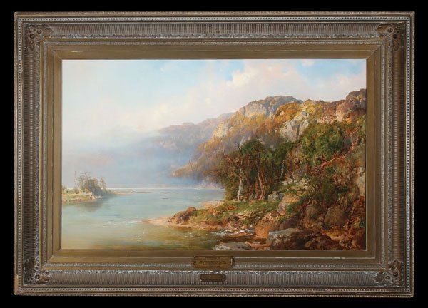 OTTO REINHOLD JACOBI(Canadian/Russian 1812-1901): OTTO REINHOLD JACOBI(Canadian/Russian 1812-1901) Expansive Fall Shoreline Landscape- 1867 Oil on canvas Signed and dated lower right "O.R. Jacobi 1867" and with dedicatory plaque on front of frame 26.