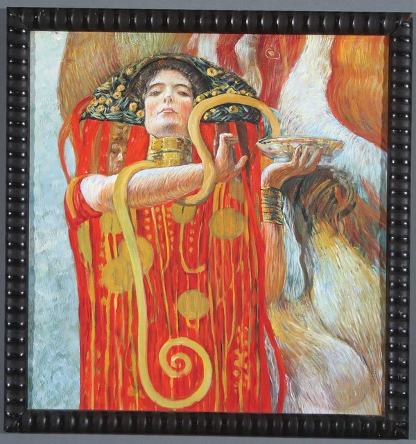 Manner of GUSTAV KLIMT(Austrian 1862-1918): Manner of GUSTAV KLIMT(Austrian 1862-1918) Hygeia Oil on canvas laid down on pressed board Unsigned 19.75 inches x 18.5 inches (50 x 47 cm)