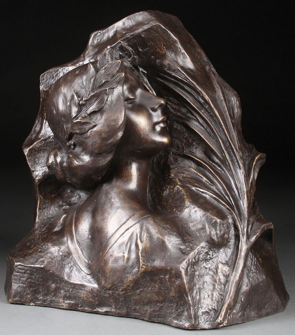ART NOUVEAU STYLE BRONZE FEMALE BUST: After JULIEN CAUSSE(French 1869-1914)Victory Bronze with dark brown patinaFaintly inscribed on baseHeight 16.3 inches (41.4 cm)
