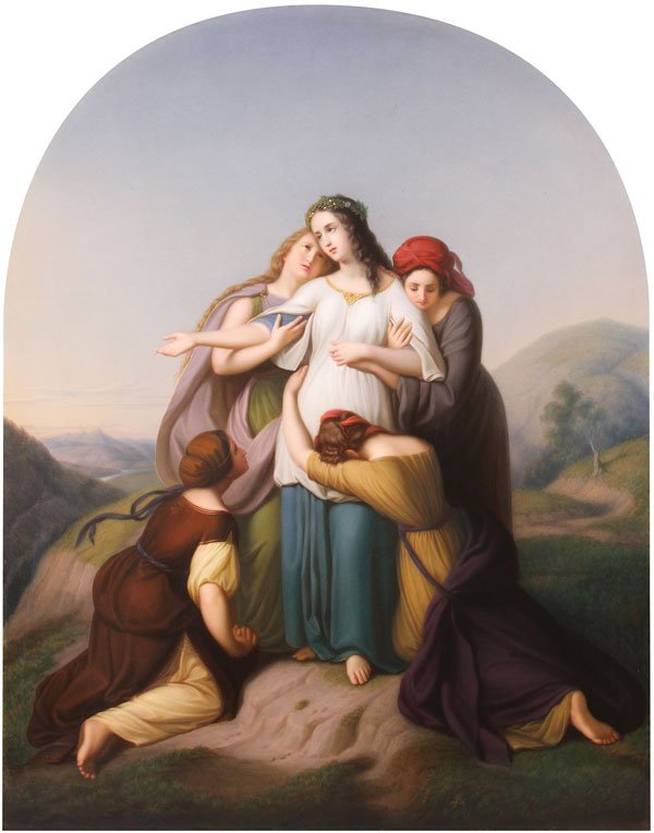 A MONUMENTAL KPM HAND PAINTED PORCELAIN PLAQUE: A MONUMENTAL KPM HAND PAINTED PORCELAIN PLAQUE, CIRCA 1890, "JEPHTHAN'S DAUGHTER AND HER YOUNG FRIENDS (COMPANIONS)." In a feigned arch, artist signed indistinctly lower right, the verso impressed "KP