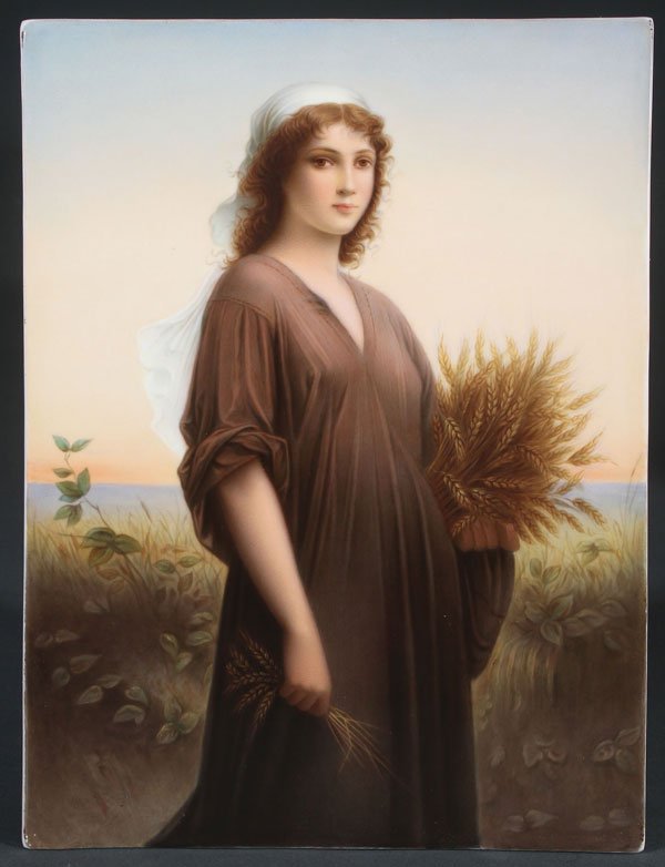 LARGE KPM HAND PAINTED PORCELAIN PLAQUE: A VERY FINE KPM HAND-PAINTED PORCELAIN PLAQUE, CIRCA 1910, "RUTH," AFTER LANDELLE. The verso impressed "KPM" with scepter, inscribed "Ruth after Landelle," and with "Made in Germany" circular mark. 10