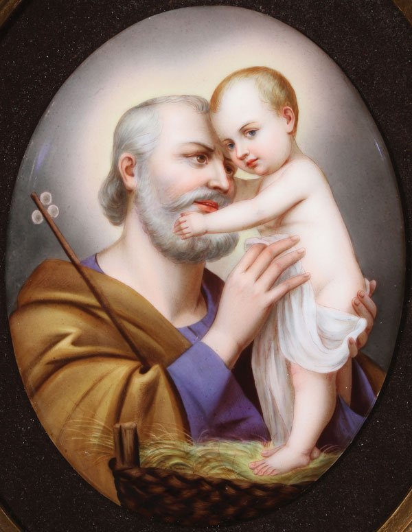 A PAIR OF KPM QUALITY HAND-PAINTED PORCELAIN: A PAIR OF KPM QUALITY HAND-PAINTED PORCELAIN PLAQUES, CIRCA 1890-1900, PROBABLY GERMAN. The first depicting St. Joseph and the Infant Christ, of oval form, 7 inches x 5.5 inches (18 x 14 cm), adhered 