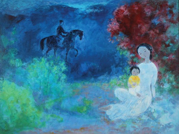 VU CAO DAM(Vietnamese 1908-2000) Mother and Child: VU CAO DAM(Vietnamese 1908-2000) Mother and Child in a Landscape with Horse Rider in the Distance- 1979 Oil on canvas Signed and dated lower left "Vu Cao Dam 1979" and verso inscribed with title, arti
