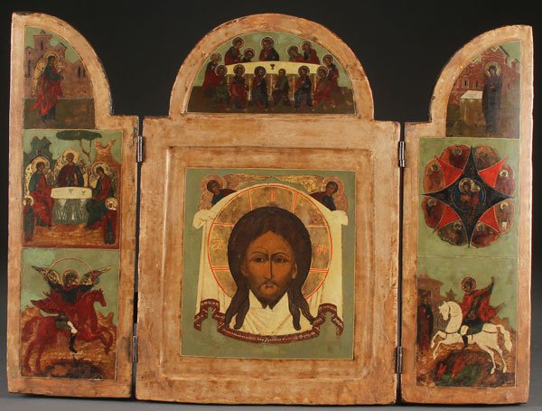 A LARGE RUSSIAN ICON TRIPTYCH, 19TH CENTURY: A LARGE RUSSIAN ICON TRIPTYCH, 19TH CENTURY. At center the Holy Visage beneath the Last Supper. The upper section of the left and right wing painted with the Archangel Gabriel and the Virgin Mary, the