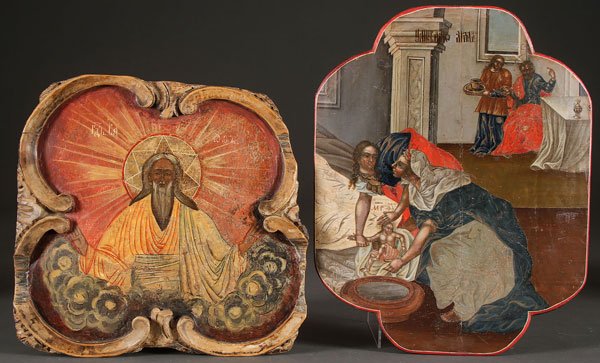 A PAIR OF RUSSIAN ICONS, 18TH CENTURY: A PAIR OF RUSSIAN ICONS, 18TH CENTURY. Comprising God the Father, painted within a reserve with integral carved wood borders. Together with an icon fragment depicting the washing of the Newborn Mother
