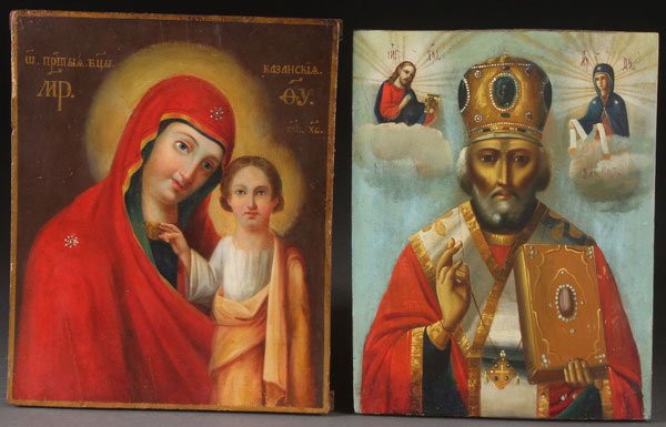 A PAIR OF RUSSIAN ICONS, 19TH CENTURY.: A PAIR OF RUSSIAN ICONS, 19TH CENTURY. Comprising the Kazan Mother of God and Saint Nicholas. Largest size 12 inches x 10 inches (30.5 x 25.5 cm).
