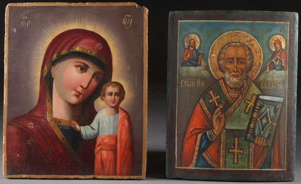 A PAIR OF RUSSIAN ICONS, 19TH CENTURY.: A PAIR OF RUSSIAN ICONS, 19TH CENTURY. Comprising the Kazan Mother of God and Saint Nicholas. Largest size 12 inches x 10 inches (30.5 x 25.5 cm).