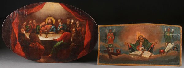 A PAIR OF RUSSIAN ICONS, 19TH CENTURY.: A PAIR OF RUSSIAN ICONS, 19TH CENTURY. Comprising an icon of the Last Supper on oval panel, 16.5 inches x 25.75 inches (42 x 65.5 cm) together with a scarce icon of the Fatherhood, 11.25 inches x 22