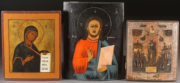 A GROUP OF THREE RUSSIAN ICONS, 19TH CENTURY.: A GROUP OF THREE RUSSIAN ICONS, 19TH CENTURY. Comprising The Mother of God, height 14 inches (36 cm), Christ, height 16 inches (41 cm), and The Mother of God Joy to All Who Sorrow, height 12 inches (