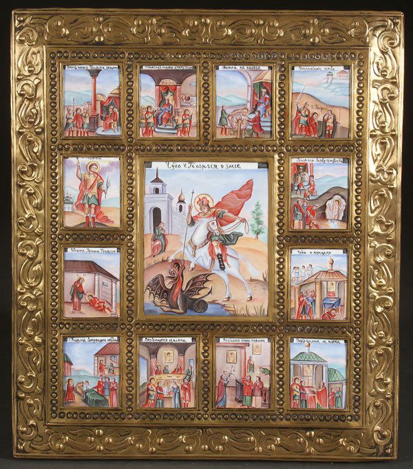 A RUSSIAN ROSTOV-STYLE ENAMELED ICON OF ST. GEORGE: A RUSSIAN ROSTOV-STYLE ENAMELED ICON OF SAINT GEORGE AND LIFE SCENES, LAST PART OF THE 20TH CENTURY. At center Saint George slays a dragon and is surrounded by 12 smaller enameled icons depicting var