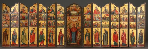 A LARGE AN IMPRESSIVE RUSSIAN FOLDING ICONOSTASIS: A LARGE AN IMPRESSIVE RUSSIAN FOLDING ICONOSTASIS STYLE ICON, LAST PART OF THE 20TH CENTURY. Composed of a central panel depicting the Mother of God Joy to All Who Sorrow beneath an image of the Last
