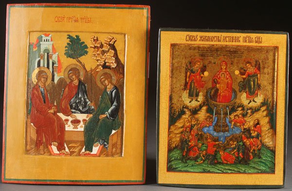 A PAIR OF RUSSIAN ICONS, LAST PART OF THE 20TH C.: A PAIR OF RUSSIAN ICONS, LAST PART OF THE 20TH CENTURY. Comprising the Old Testament Trinity based on the Rublev model and executed on an old wood panel. 14 inches x 11.4 inches (35.5 x 29 cm). Togeth