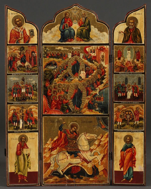 A LARGE AND IMPRESSIVE RUSSIAN ICON TRIPTYCH: A LARGE AND IMPRESSIVE RUSSIAN ICON TRIPTYCH, LAST PART OF THE 20TH CENTURY. The main central panel painted at top within an ogee arch reserve, the Trinity above an image of the Resurrection and Desce