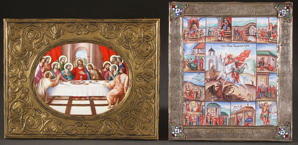 PAIR RUSSIAN ROSTOV-STYLE ENAMELED ICONS: A PAIR OF RUSSIAN ROSTOV-STYLE ENAMELED RUSSIAN ICONS, LAST PART OF THE 20TH CENTURY. The first depicting the Last Supper overlaid with a brass repoussé riza. The second depicting Saint George surro