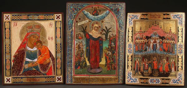 3 RUSSIAN ICONS, LAST PART 20TH C.: A GROUP OF THREE RUSSIAN ICONS, LAST PART OF THE 20TH CENTURY. Comprising a Tenderness Mother of God image, the Mother of God Joy to All Who Sorrow with Coins and the Pokrov Mother of God. Greatest s