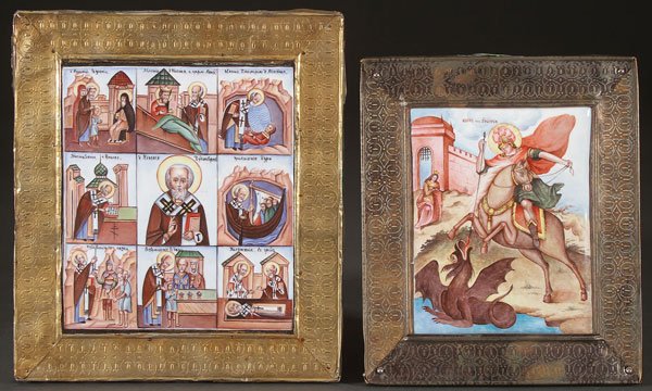 A PAIR OF RUSSIAN ROSTOV-STYLE ENAMELED ICONS: A PAIR OF RUSSIAN ROSTOV-STYLE ENAMELED ICONS, LAST PART OF THE 20TH CENTURY. The first depicting Saint Nicholas at center surrounded with scenes from his life and the borders overlaid with a repouss�