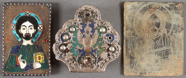 3 BYZNATINE-STYLE ITEMS, 19TH/20TH C.: AN INTERESTING GROUP OF THREE BYZANTINE-STYLE ITEMS, PROBABLY 19TH OR 20TH CENTURY. Comprising an icon of Christ in enamel, a silver, hinged enameled box with Byzantine eagle and an incised bronze ico