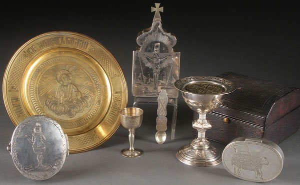 A GROUP OF LITURGICAL ALTARWARES, RUSSIAN & OTHER: A GROUP OF LITURGICAL ALTARWARES, RUSSIAN AND OTHER COUNTRIES, 19TH CENTURY. Comprising a silver-gilt, engraved footed diskos, hallmarked Moscow, 84 silver standard and Cyrillic maker's mark VS. Toget