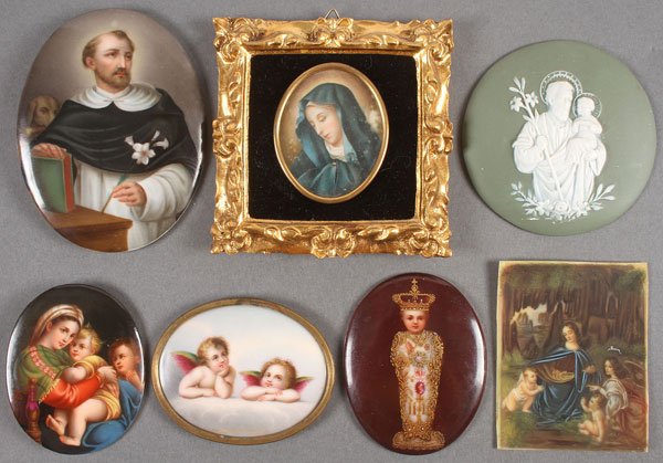 7 HAND-PAINTED PORCELAIN RELIGIOUS MINIATURES: A GROUP OF SEVEN HAND-PAINTED PORCELAIN RELIGIOUS MINIATURES, 19TH CENTURY. Including painting on ivory and porcelain, and one jasperware example. Greatest length 4.75 inches (12 cm). IMPORTANT NOTICE