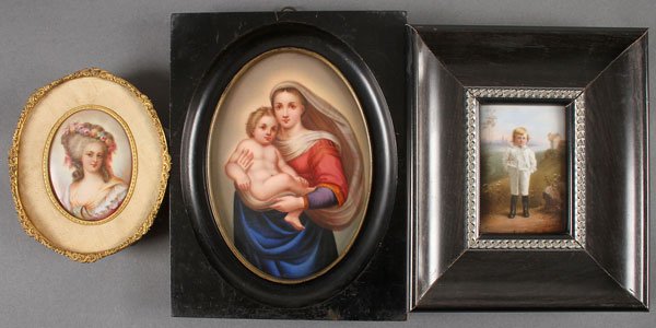 3 GERMAN PORTRAIT MINIATURE PLAQUES: A GROUP OF THREE GERMAN PORTRAIT MINIATURE PLAQUES, CIRCA 1900. Comprising Marie Therese Louise; Madonna and Child; and a young boy in a countryside setting, artist signed indistinguishable. Each fram