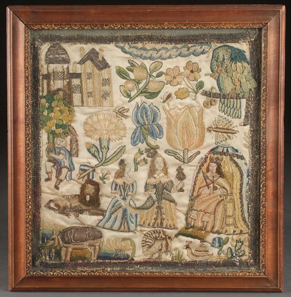 ENGLISH EMBROIDERED AND STUMPWORKED PICTURE: A FINE ENGLISH EMBROIDERED AND STUMPWORKED PICTURE OF SOLOMON AND THE QUEEN OF SHEBA, MID 17TH CENTURY. The ivory satin ground worked with colored silks and silver metallic threads with details of bea