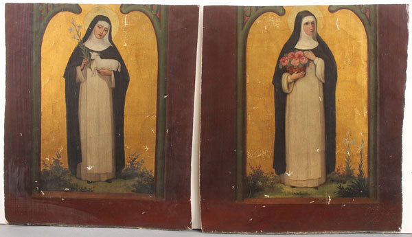 A PAIR OF RELIGIOUS PAINTINGS, DATED 1866: A PAIR OF RELIGIOUS PAINTINGS, DATED 1866. Each executed in oil on unstretched canvas. The first depicting an image of Saint Agnes, singed L. Schmitt and dated 1866. The second depicting a nun holding