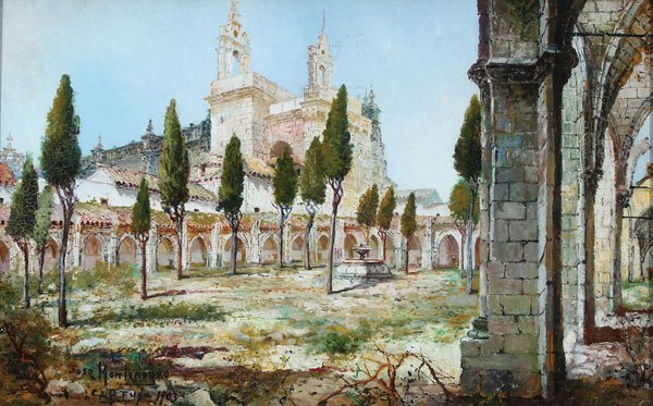 SPANISH OIL PAINTING, CAPPELL: JOSE MONTENEGRO CAPPELL(Spanish 1865-1929) Cartuja- 1903 Oil on paper laid on canvas Signed lower left "Jose Montenegro Cappell" and title "Cartuja 1903" 11 inches x 17.25 inches (27.9 x 43.8 cm)
