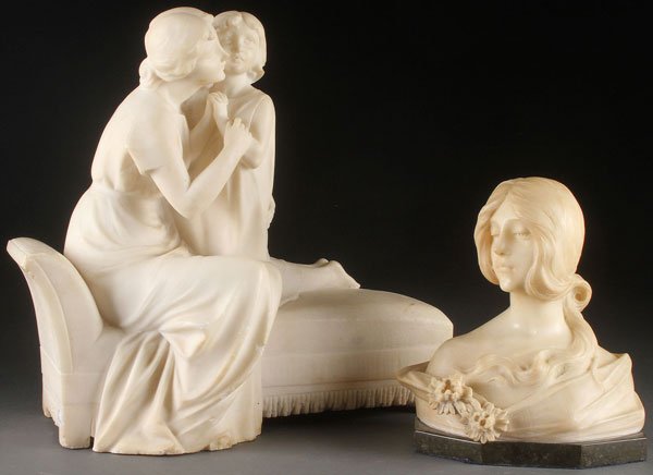 A CARVED ALABASTER FIGURAL GROUP AND BUST: A CARVED ALABASTER FIGURAL GROUP AND BUST, ITALIAN, EARLY 20TH CENTURY. Comprising a mother and child on chaise lounge (15 inches x 17 inches long) and an Art Nouveau bust of a young girl inscribed "A