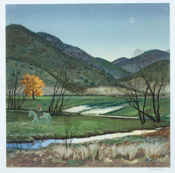 AMERICAN SILKSCREEN, PETER HURD: PETER HURD(American 1904-1984)Dusk Landscape with Lone Rider Color silkscreenSigned in pencil lower right and numbered lower left 43/26022 inches x 22 inches (50.9cm x 50.9cm)
