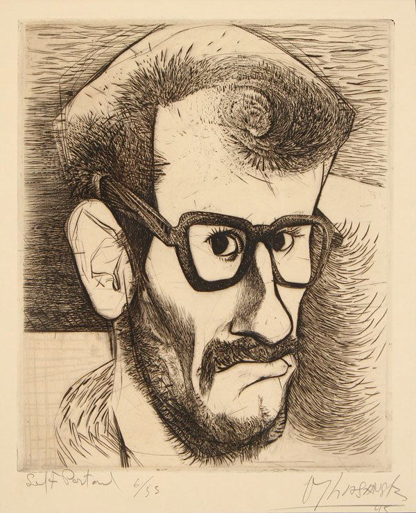 AMERICAN ENGRAVING, MAURICIO LASANSKY: MAURICIO LASANSKY(American 1914-2012)Self Portrait- 1945EngravingSigned and dated in pencil “M Lasansky 45” lower right, titled “Self Portrait” in pencil lower left, and numbered 6/55Image siz